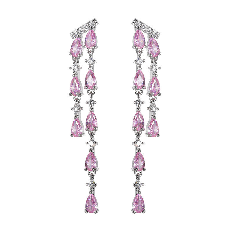 Elegant long Dangle zircon inlaid Pink Earrings Women