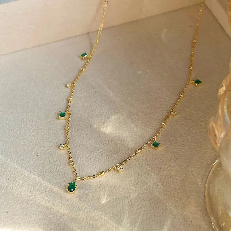 18k Gold Plated Clavicle Chain Zircon Vintage Green Gemstone Necklace for Women