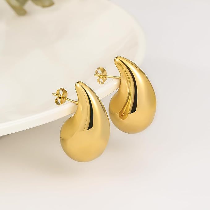 Trendy stainless steel 18K gold-plated simple hollow thick water drop Earrings