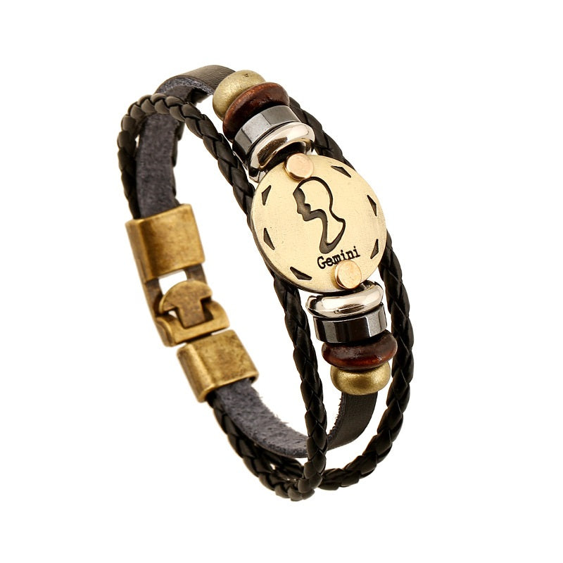 Unisex Copper Leather Wristband Bracelet with Constellation Zodiac Star