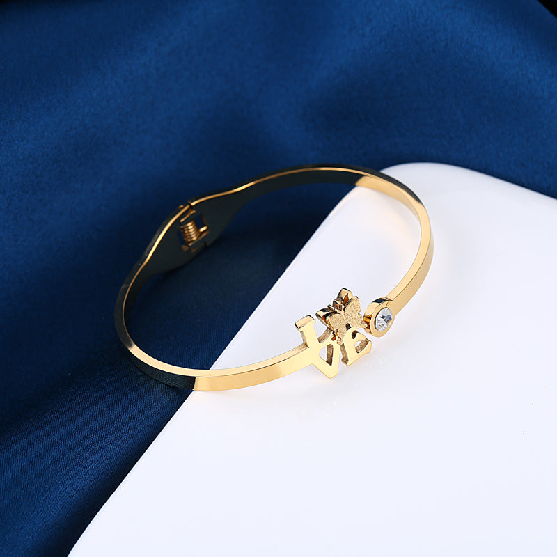 Fashion Zircon LOVE Butterfly Shaped Gold Plated Stainless Steel Bracelet Bangles for Women