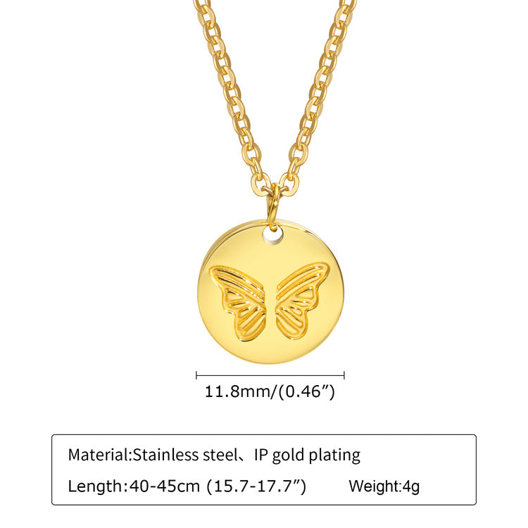 Stainless steel round pendant gold plated butterfly charm necklace for women