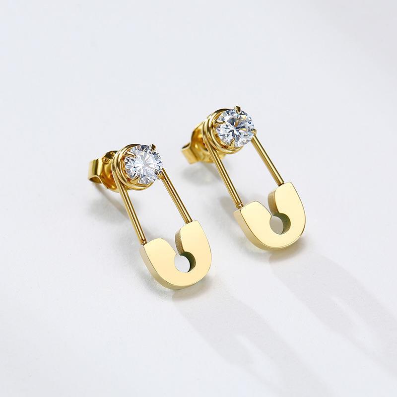Creative Gold Plated Pin Design Stainless Steel Zircon Earrings for Women