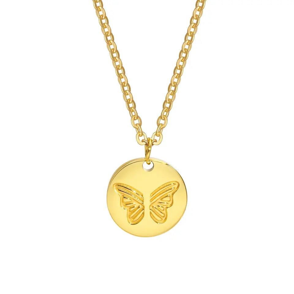 Stainless steel round pendant gold plated butterfly charm necklace for women