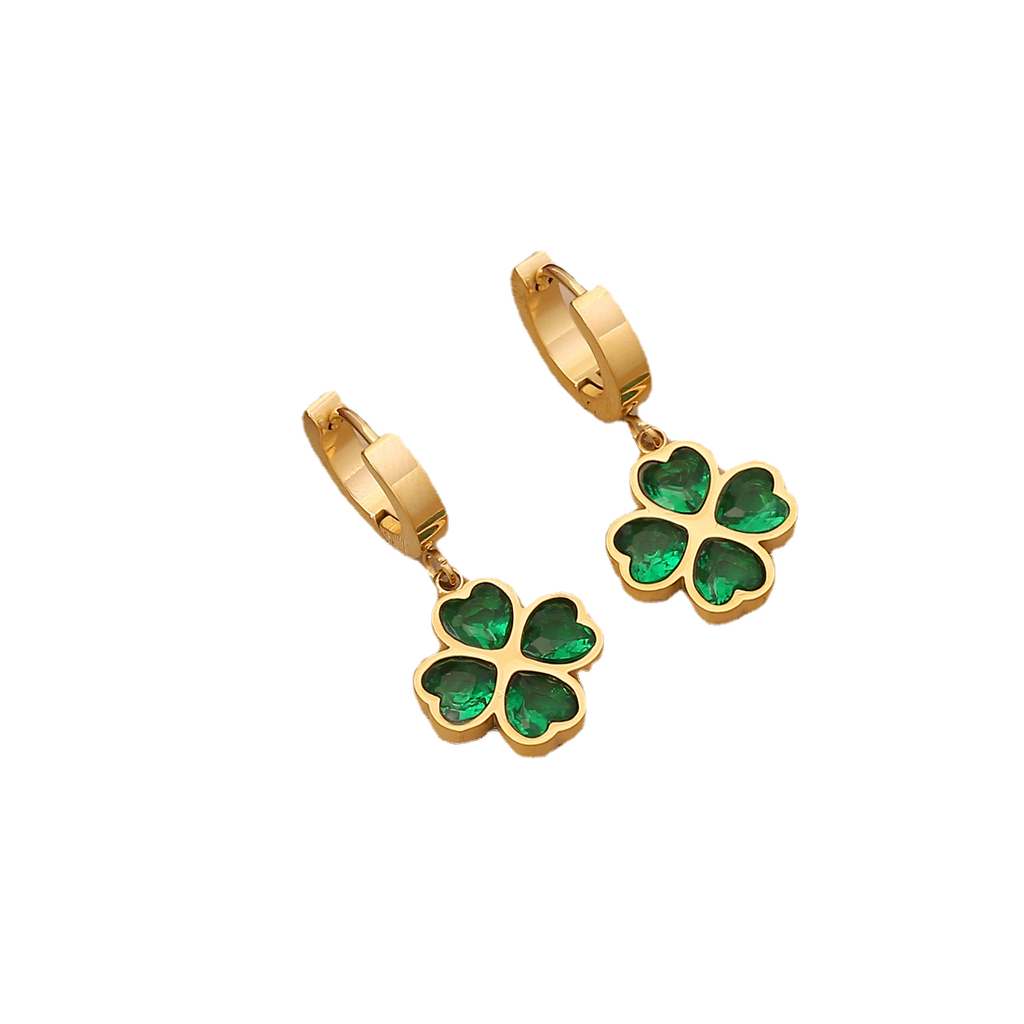 Unique Four-Leaf Green Clover Stainless Steel Charm Earrings For Women