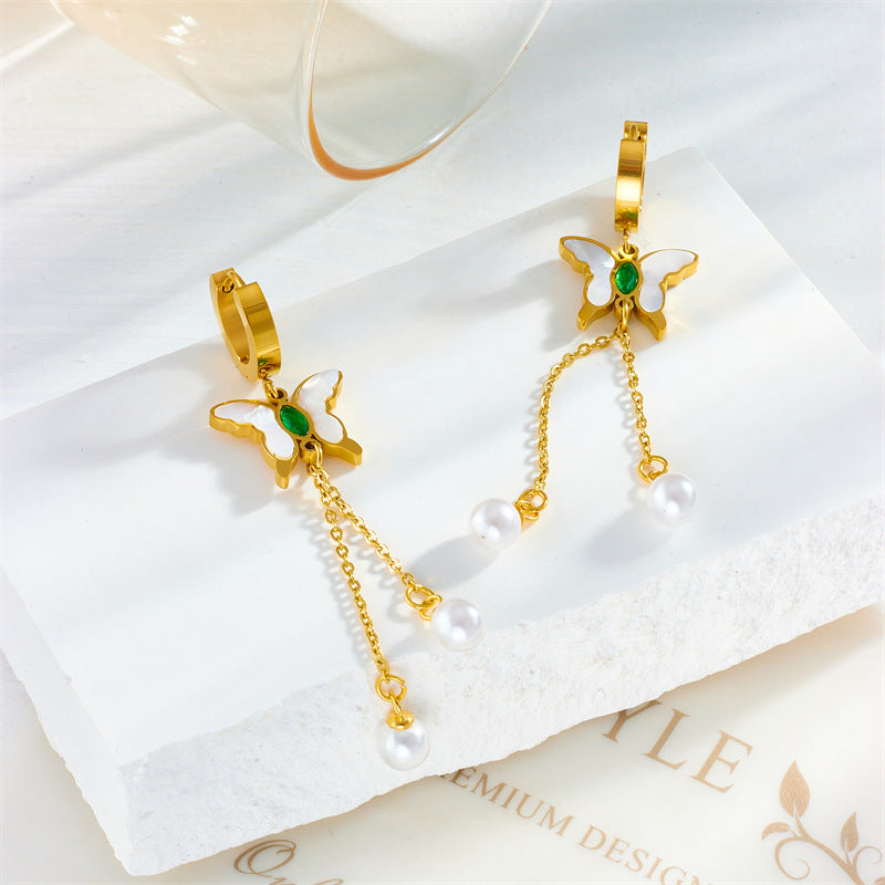 Fashion 18k gold Plated pearl butterfly Stainless steel tarnish free Earrings Women