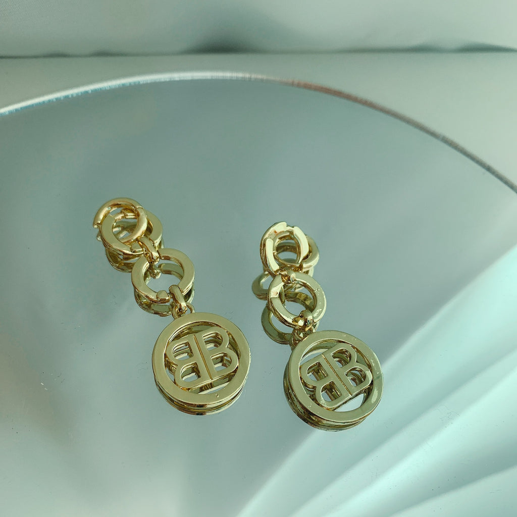 Punk 18k Real Gold Plated Double Letter B Drop Earrings for Women