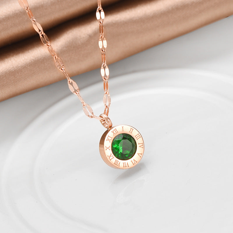 Elegant Stainless Steel Clavicle Chain Necklace with Green Roman Numerals – A Luxurious Titanium Steel Fashion for Women