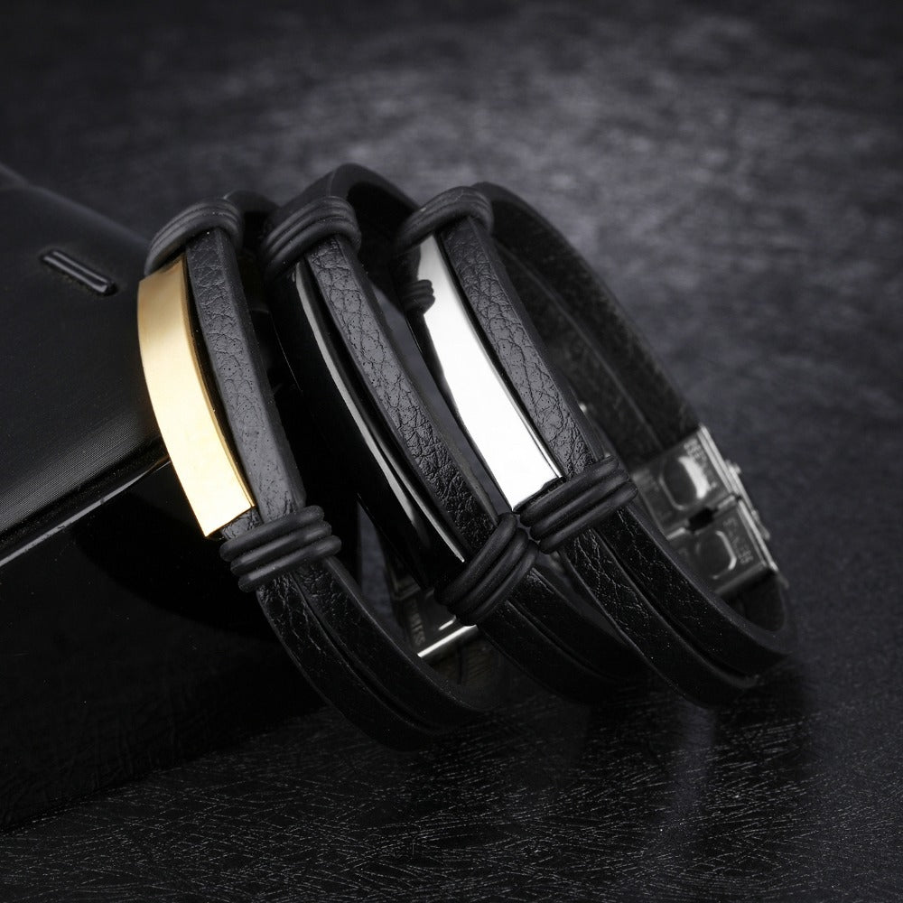 Custom Engraved Premium Quality Black Leather Bracelet with Stainless Steel