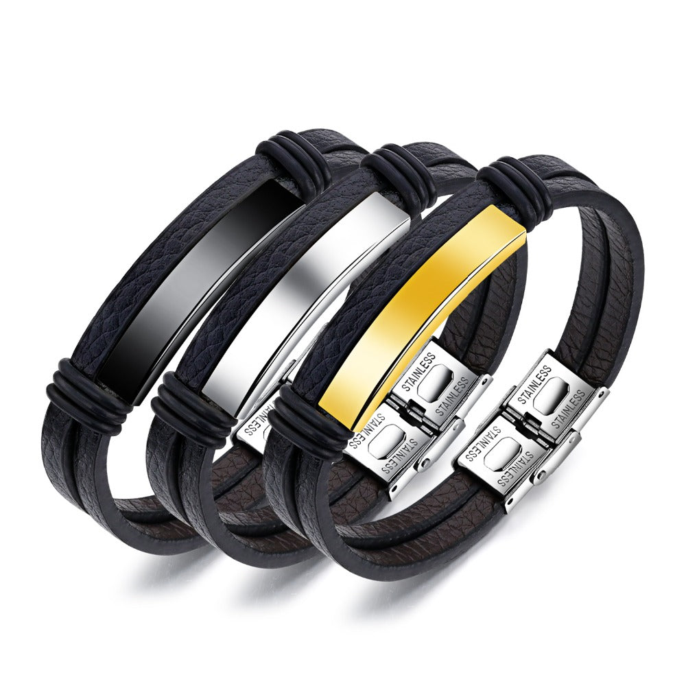 Custom Engraved Premium Quality Black Leather Bracelet with Stainless Steel