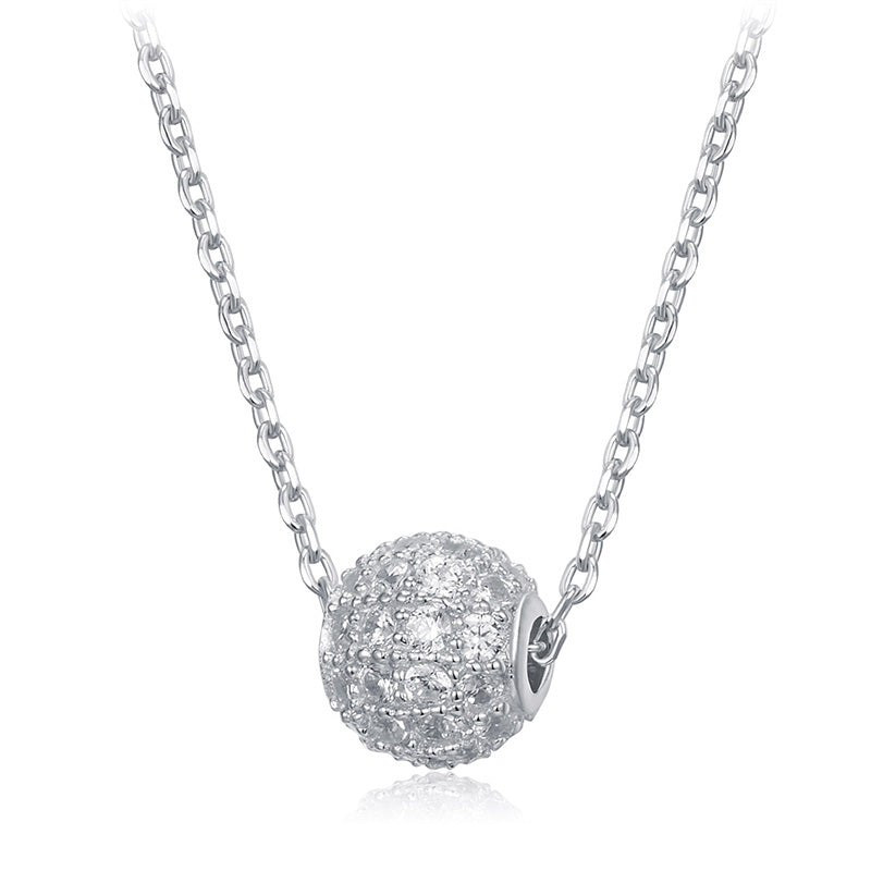 Golden Pave Ball Necklace with Crystal Slider on Delicate Gold Chain - Diamond and Crystal Bead Accents, 8mm Cubic Zirconia CZ