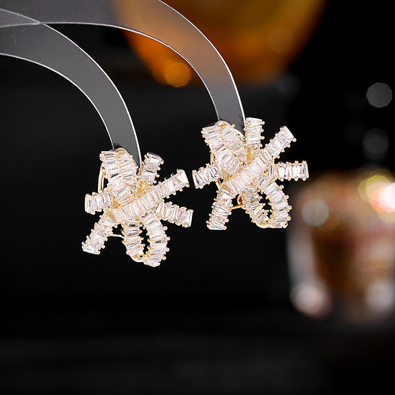 Light Luxury Sparkling Zircon CZ Ribbon Bow Stud Earrings