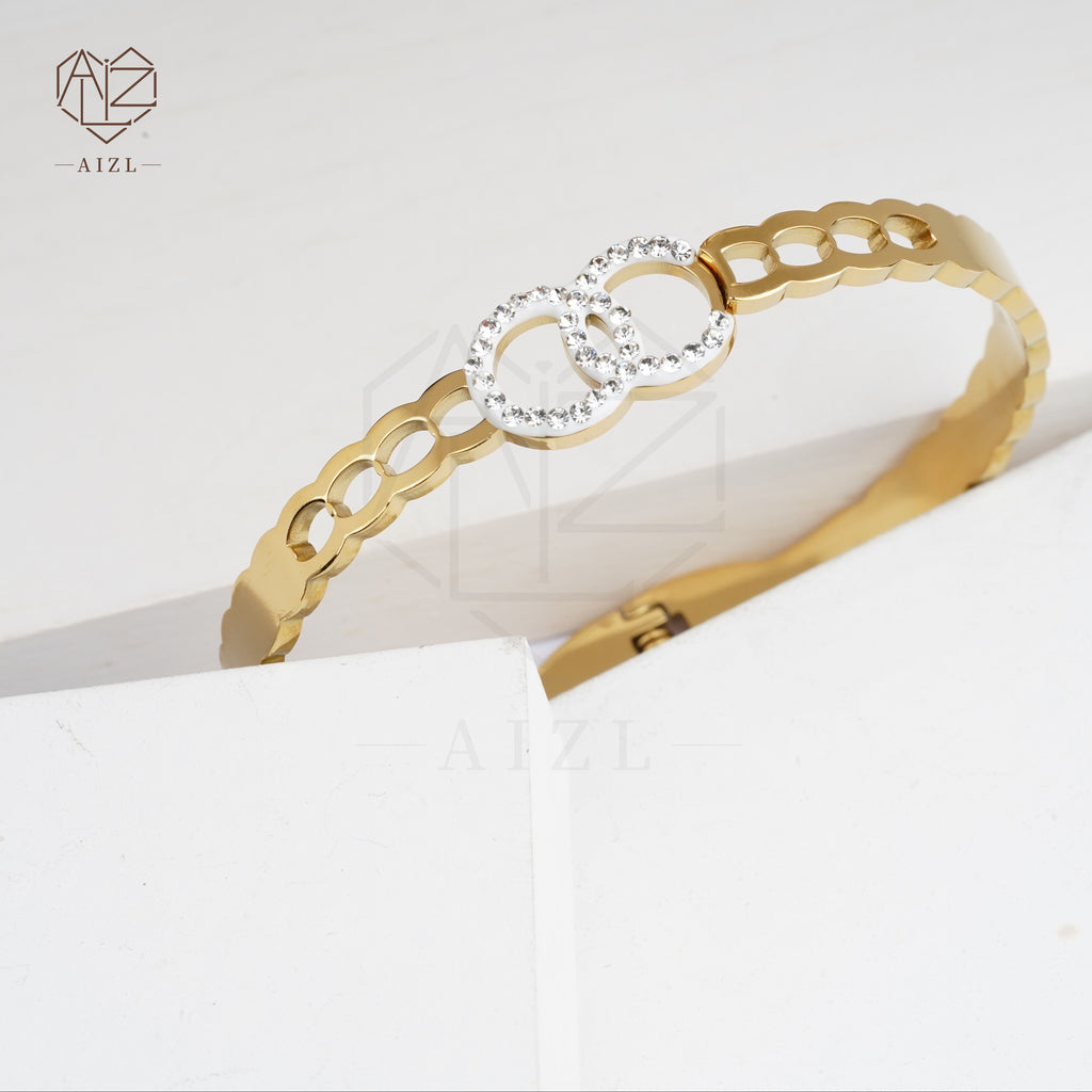 18K gold-plated stainless steel retro double ring full diamond crystal bracelet for Women