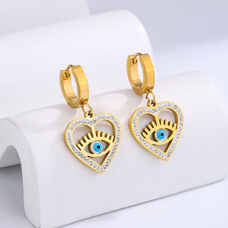 New Style Heart Evil Blue Eyes Gold Plated Stainless Steel Earrings