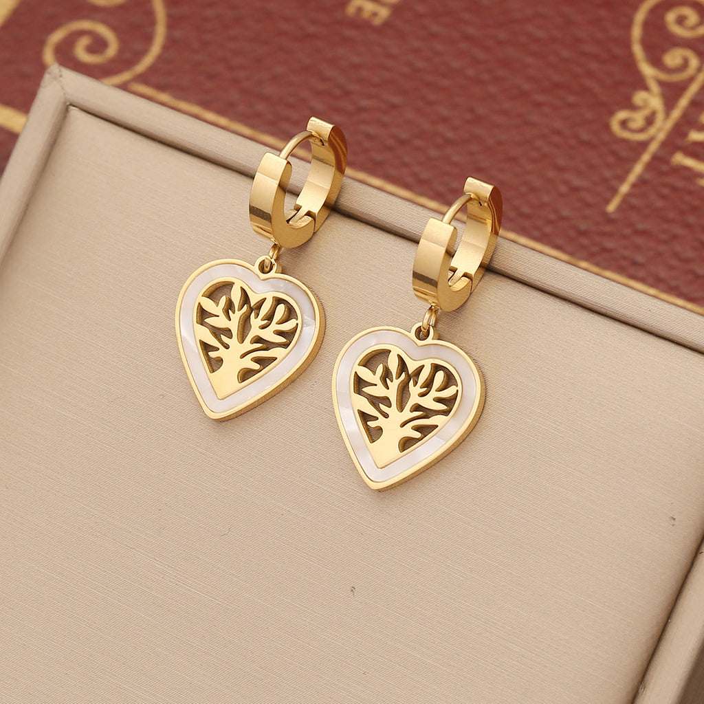 Heart Dangle Vintage 18K Gold Plated Stainless Steel Black Shell with Tree of Life design Earrings