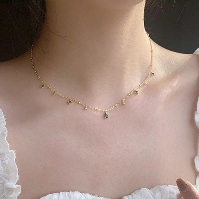18k Gold Plated Clavicle Chain Zircon Vintage Green Gemstone Necklace for Women