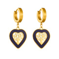 Heart Dangle Vintage 18K Gold Plated Stainless Steel Black Shell with Tree of Life design Earrings