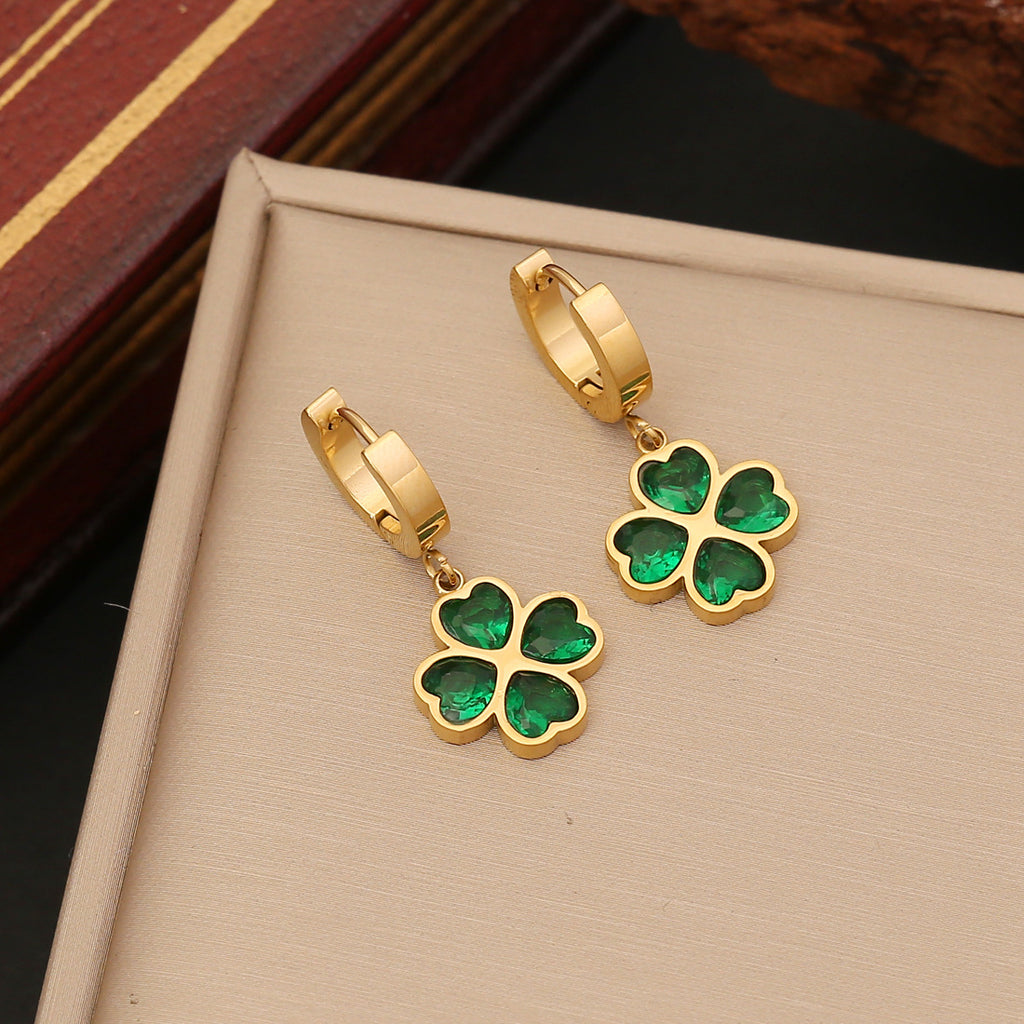 Unique Four-Leaf Green Clover Stainless Steel Charm Earrings For Women