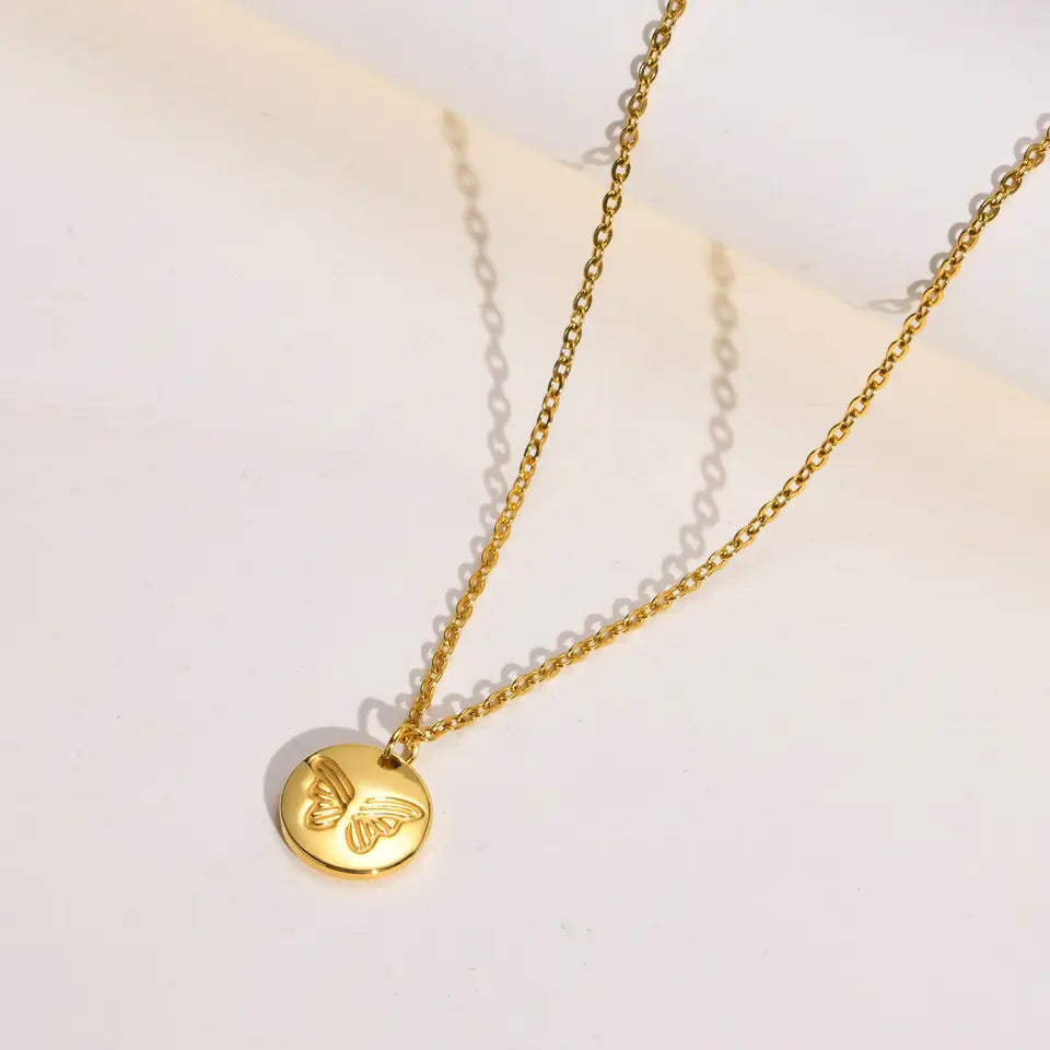 Stainless steel round pendant gold plated butterfly charm necklace for women