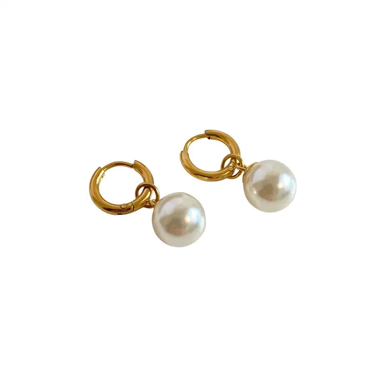 Gold Plated Stainless Steel Round Baroque Pearl Charm Earrings for Women