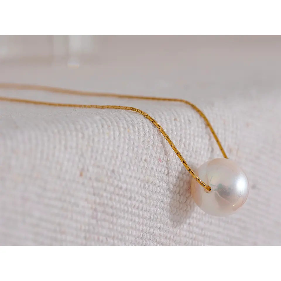 15mm Korean Style Big Imitation Pearl Chain Stainless Steel Gold Color Necklace