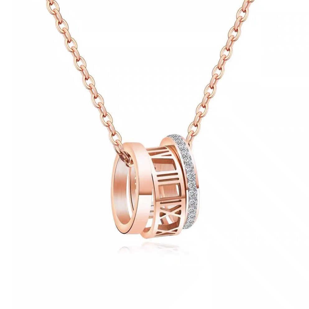Roman Numerals Zircon Pendant Necklace Exquisite Double Loop Design in Rose Gold Titanium Steel – A Beautiful Jewelry Gift for Women