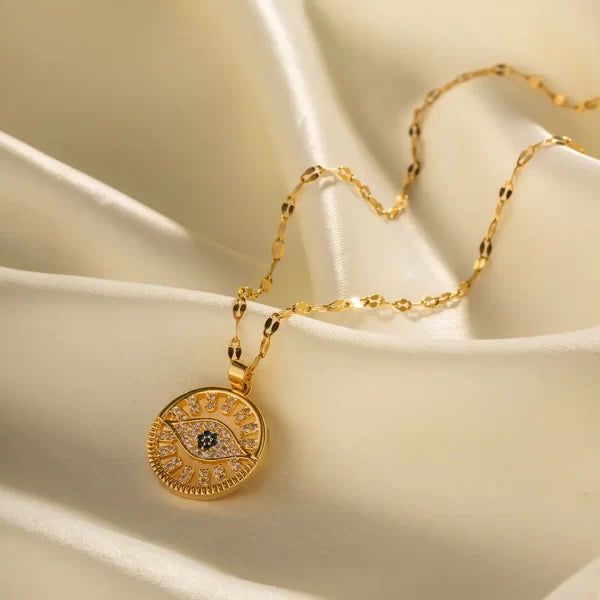 Non tarnish gold plated zircon evil eye round pendant necklace for women