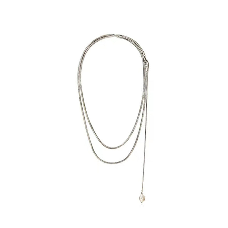Women's Stainless Steel Necklace: Elegant Double Layered Snake Bone Chain with Pearls