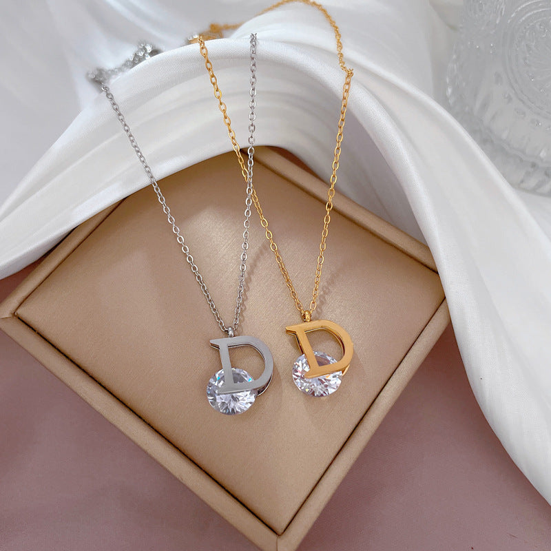 Luxurious Titanium Steel D Letter Necklace Trendy Zircon Pendants in Gold and Silver Colors for Women's Simple yet Elegant Jewelry