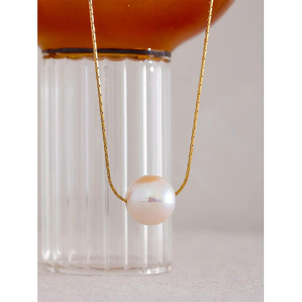 15mm Korean Style Big Imitation Pearl Chain Stainless Steel Gold Color Necklace