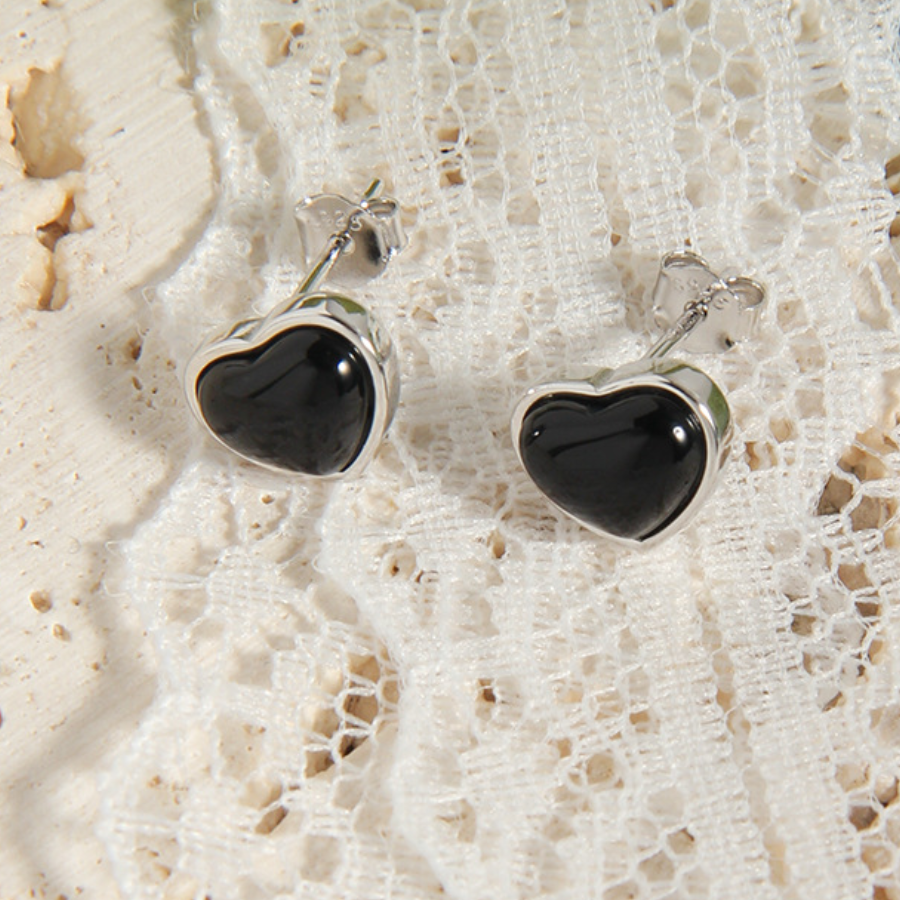 Korean Fashion Dripping Oil Black Heart  Stainless Steel Earrings