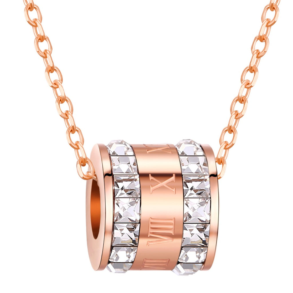 Roman Numerals Zircon Pendant Necklace: Exquisite Double Loop Design in Rose Gold Titanium Steel – A Beautiful Jewelry Gift for Women