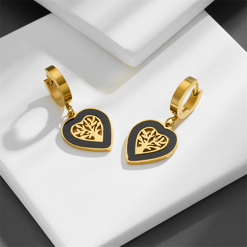Heart Dangle Vintage 18K Gold Plated Stainless Steel Black Shell with Tree of Life design Earrings