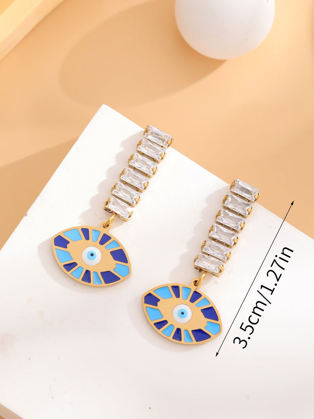 Turkish Blue Eye White CZ drop Gold plated Stainless Steel Earrings