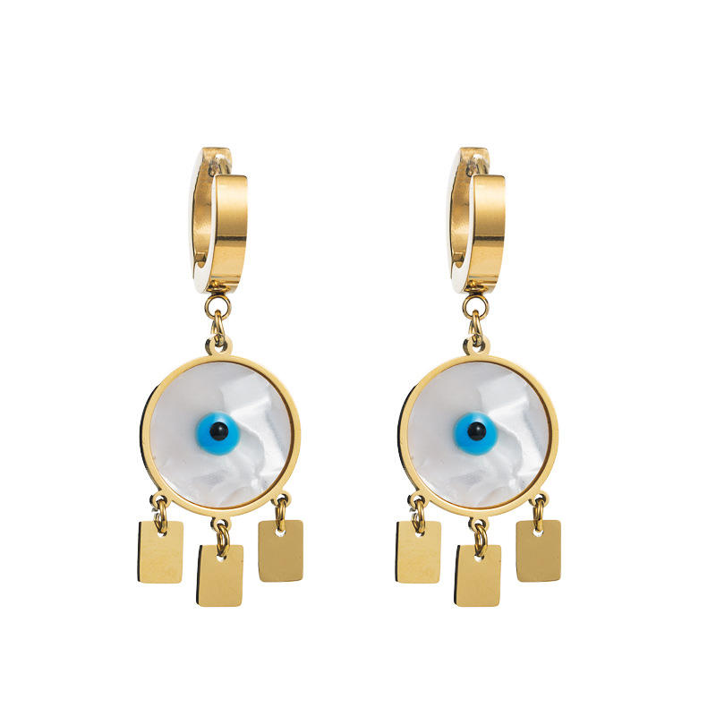 18k Gold Plated Stainless Steel Blue Evil Eye Shell Hoop Tassel Earring