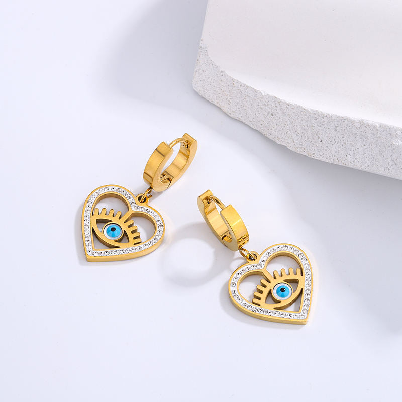 New Style Heart Evil Blue Eyes Gold Plated Stainless Steel Earrings