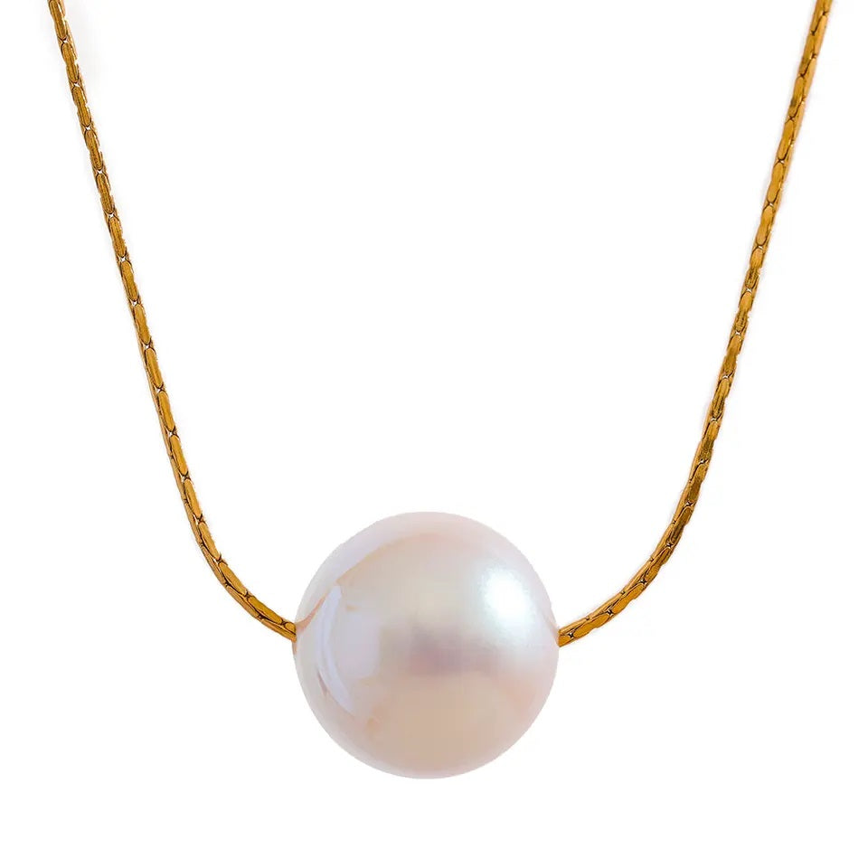 15mm Korean Style Big Imitation Pearl Chain Stainless Steel Gold Color Necklace