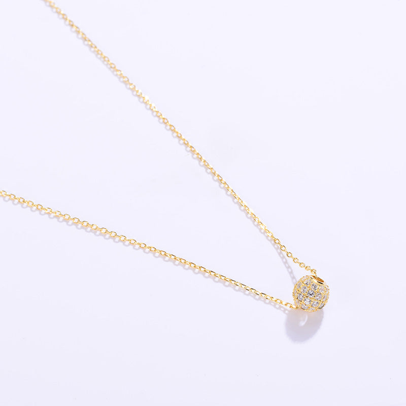 Golden Pave Ball Necklace with Crystal Slider on Delicate Gold Chain - Diamond and Crystal Bead Accents, 8mm Cubic Zirconia CZ