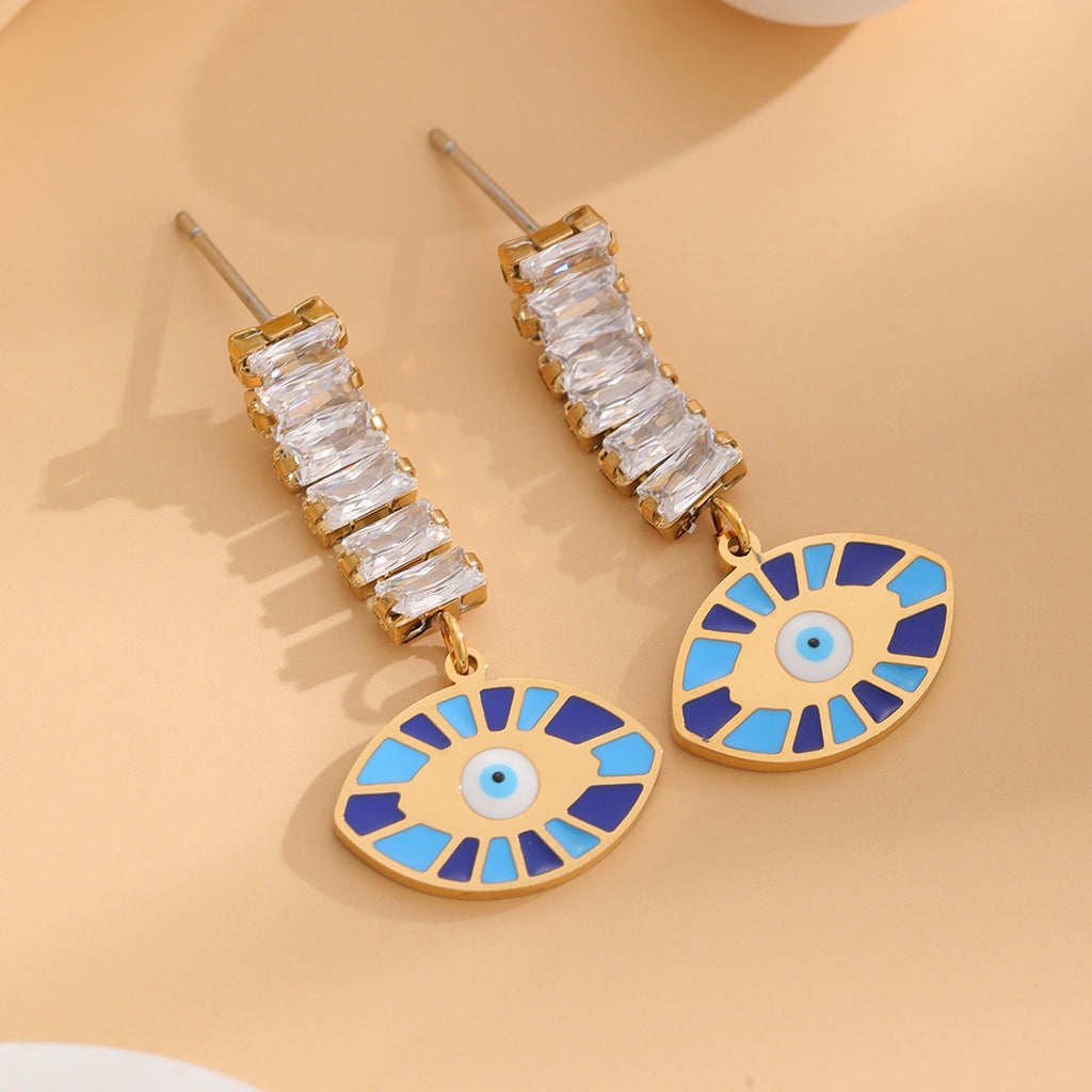 Turkish Blue Eye White CZ drop Gold plated Stainless Steel Earrings