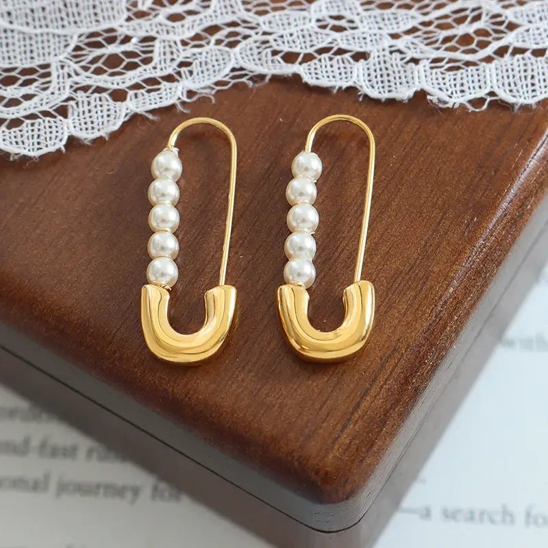 18K GoldPlated StainlessSteel Charm PaperClip Imitation Pearl Earrings For Women
