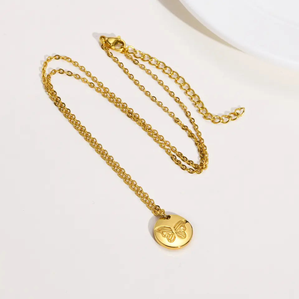 Stainless steel round pendant gold plated butterfly charm necklace for women