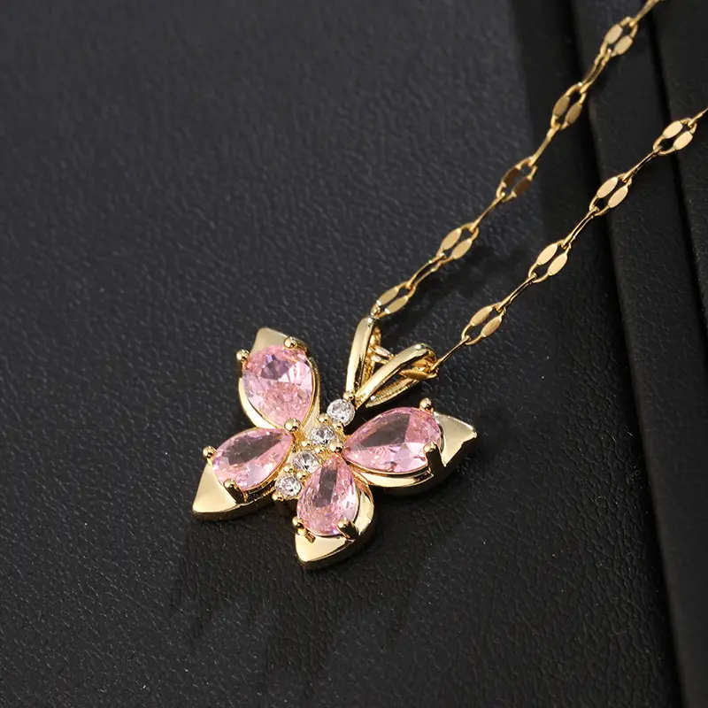 Butterfly 18k Gold Plated Stainless Steel Pink Butterfly Zircon Necklace for Women