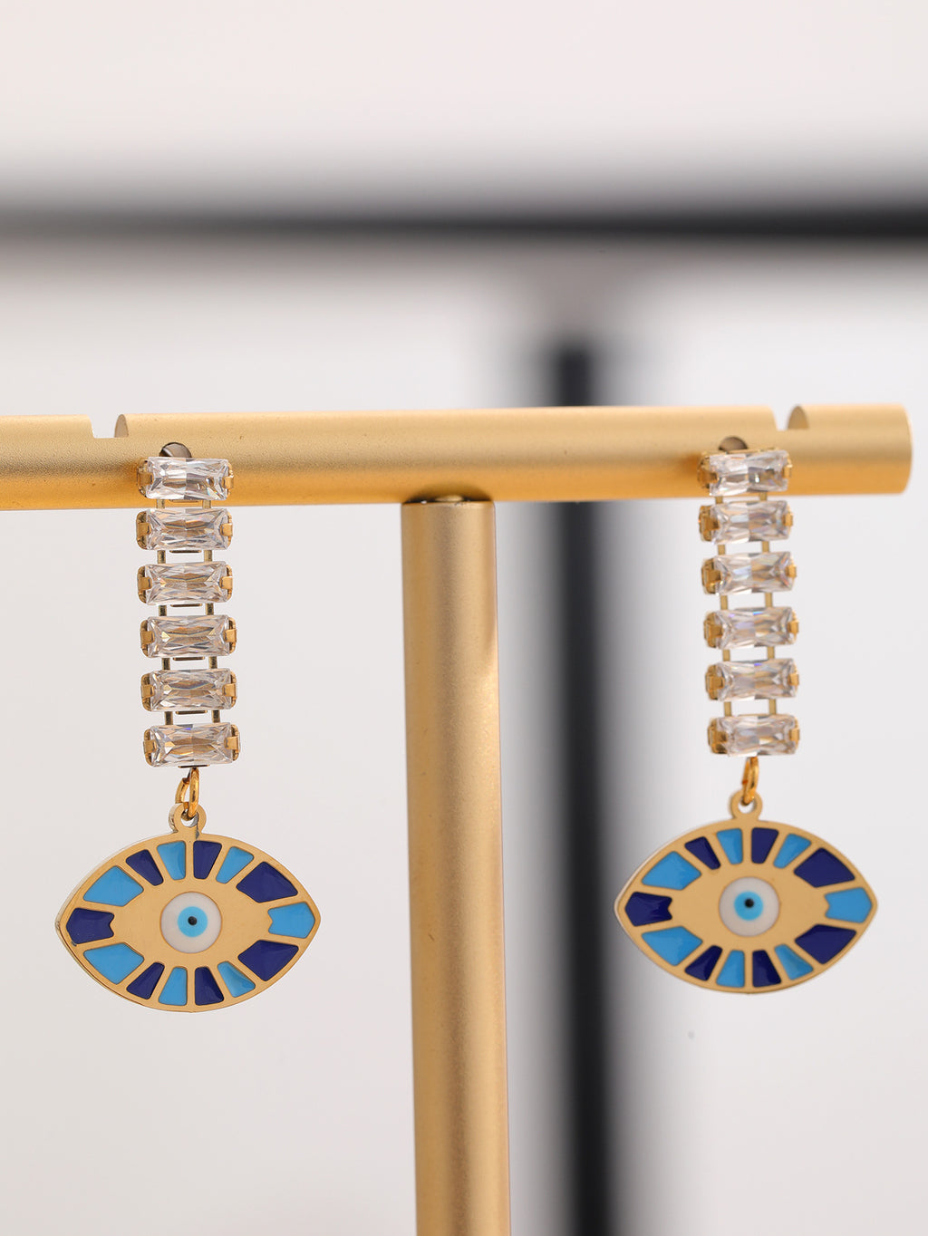 Turkish Blue Eye White CZ drop Gold plated Stainless Steel Earrings