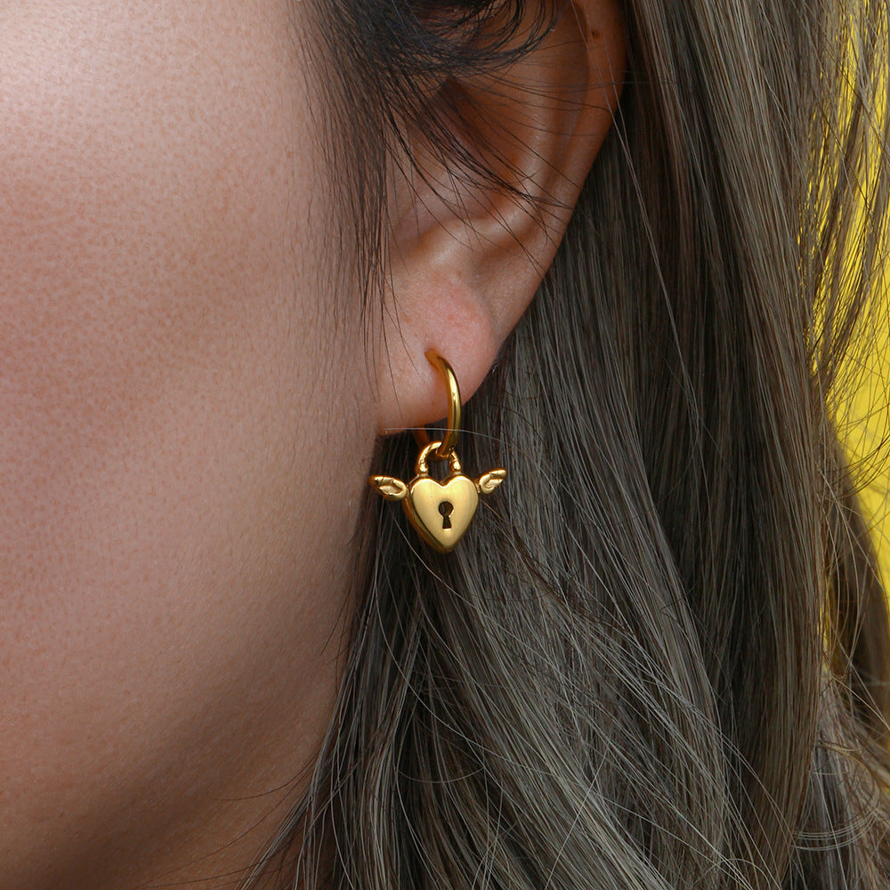 18k Gold Plated Stainless Steel Asymmetrical Lock Heart Shape Earring for Women