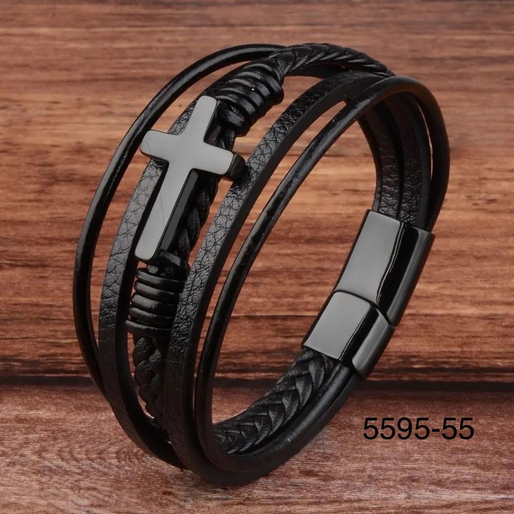 Men’s Classic Cross Bracelet – PU Leather Wristband with Stainless Steel Magnetic Clasp – Stylish Charm Bracelet for Men