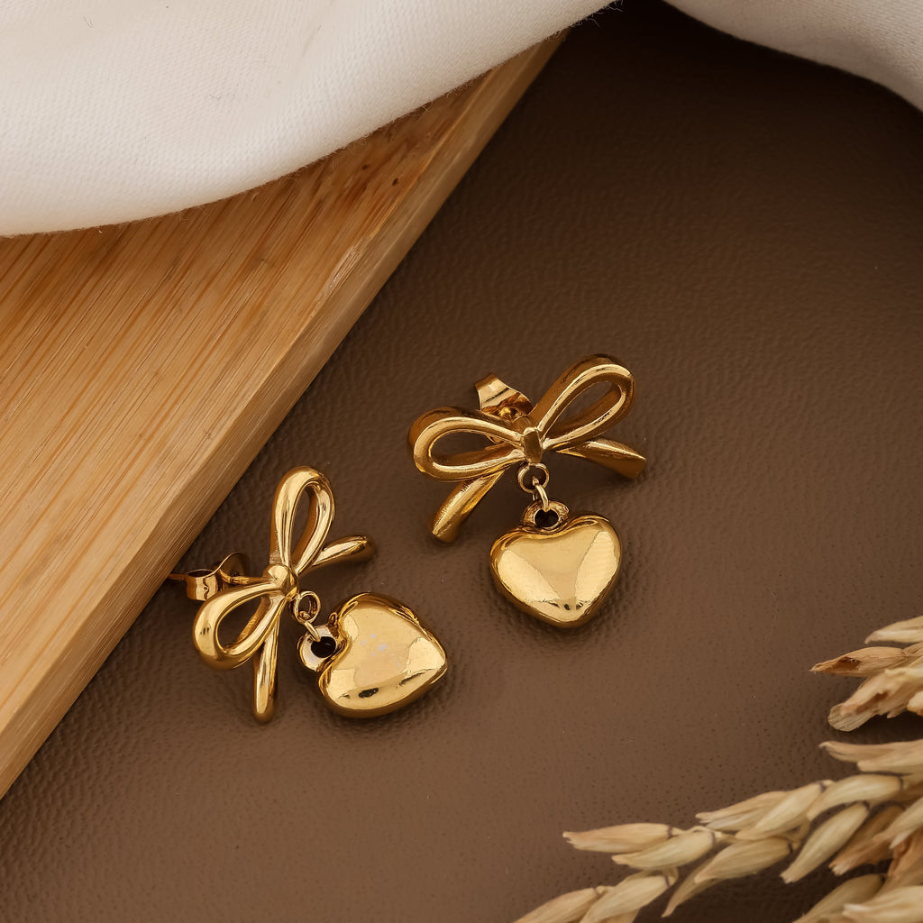 Gold-Plated Anti-Tarnish Bow-Heart Themed Earrings for Women