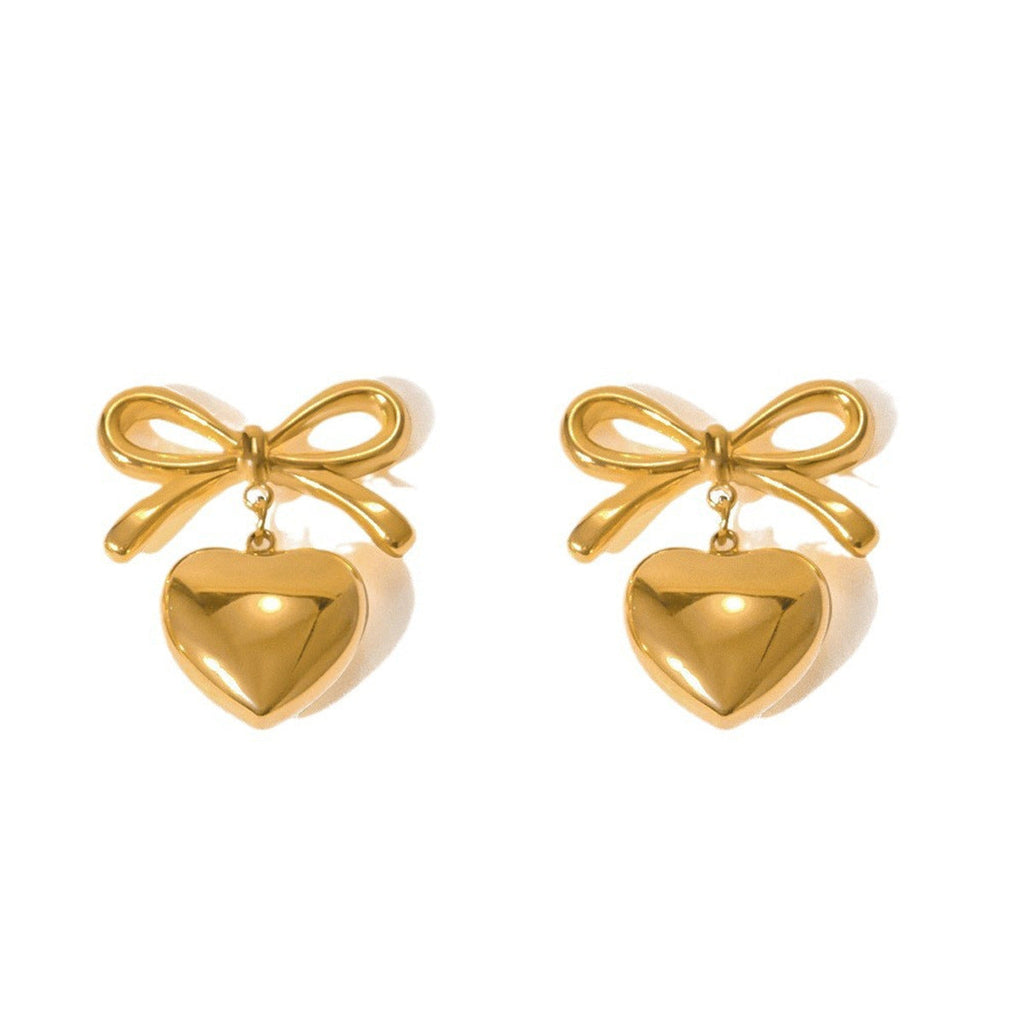 Gold-Plated Anti-Tarnish Bow-Heart Themed Earrings for Women
