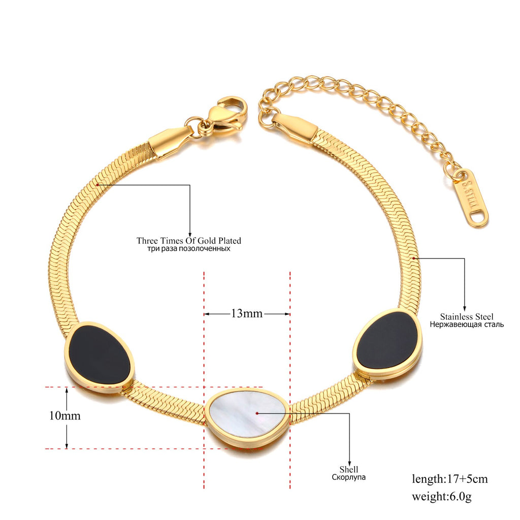 Glamorous Black White Beads 18K Gold Stainless Steel Snake Chain Bracelet for Women