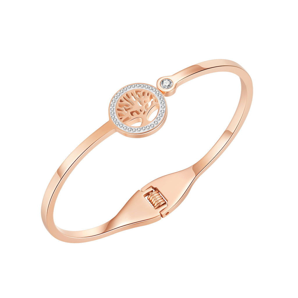 Trendy Design Rose Gold Plated Stainless Steel Diamond Tree Of Life Bracelet Bangle for Women