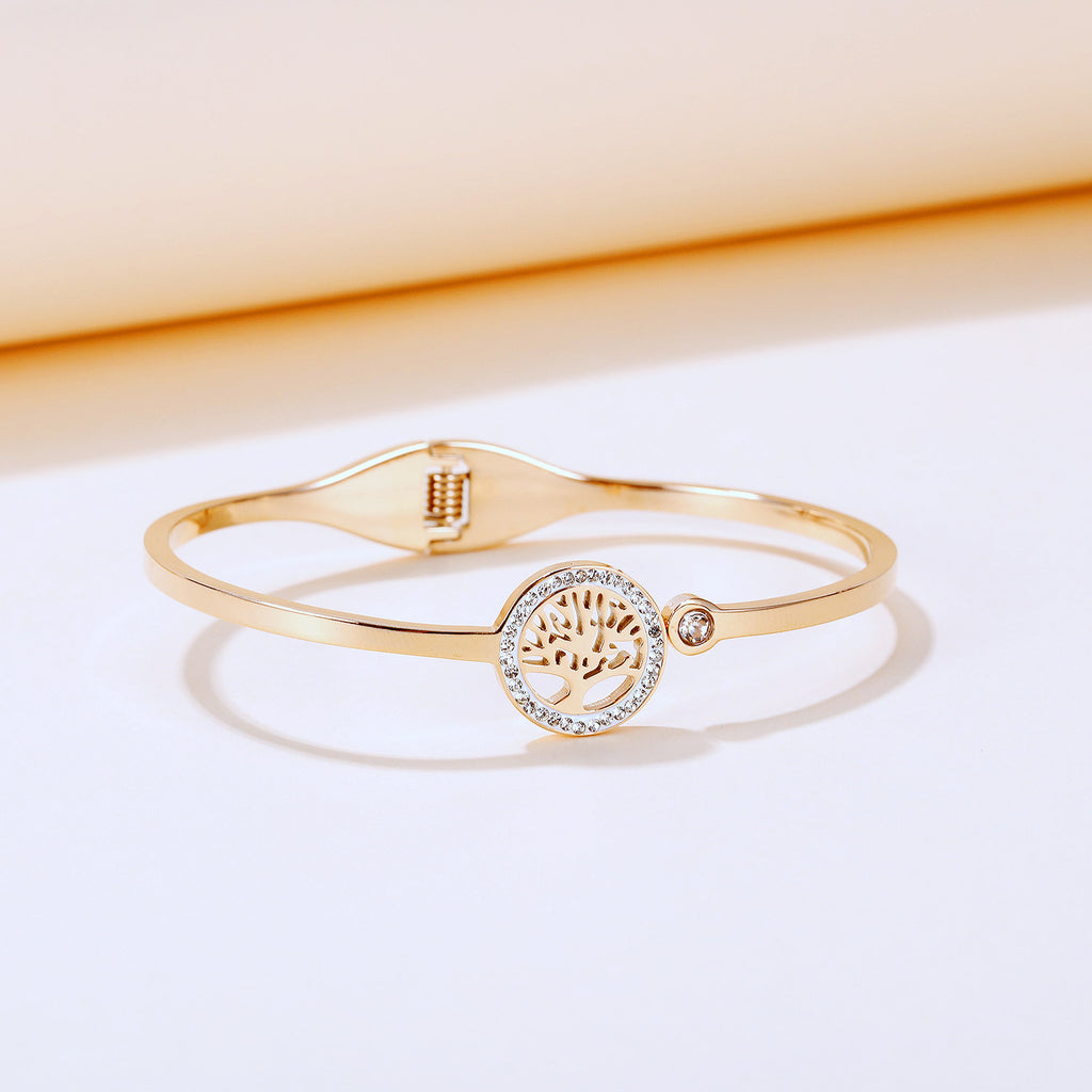 Trendy Design Rose Gold Plated Stainless Steel Diamond Tree Of Life Bracelet Bangle for Women